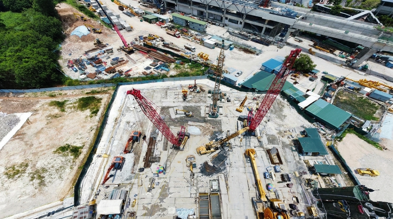 Aerial view of an underground infrastructure construction site with cranes and excavation works